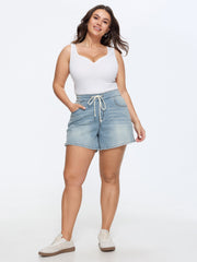 Stretchy Elastic Back Waist Straight-Leg Denim Shorts