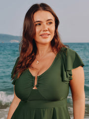 Keyhole Ruched Bodice Fit And Flare Swim Top
