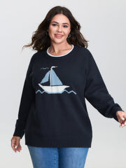 Jacquard Sail Pattern Color Contrast Pullover
