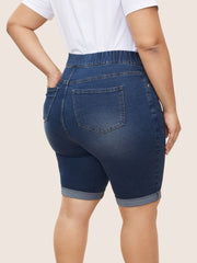 Pull-On Folded Hem Knee-Length Denim Shorts