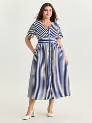 Striped Print Shirred Button Detail Midi Dress