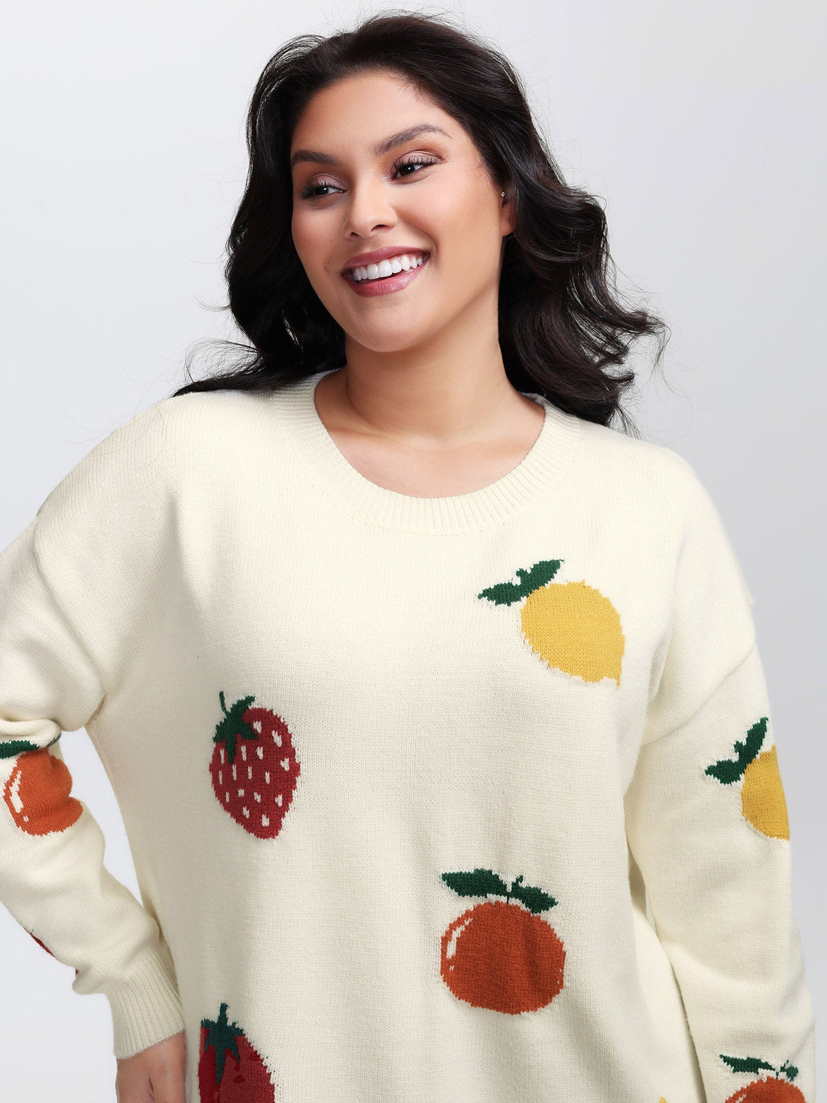 Supersoft Stretchy Fruit Pattern Ribbed Hem Pullover