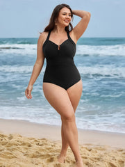 Glossy Fabric Ruched Tummy-Control One-Piece Swimsuit