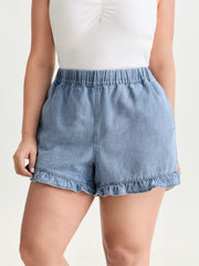 Elastic Waistband Straight-Leg Denim Shorts