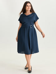 Draped Cowl Neckline Plain Midi Dress