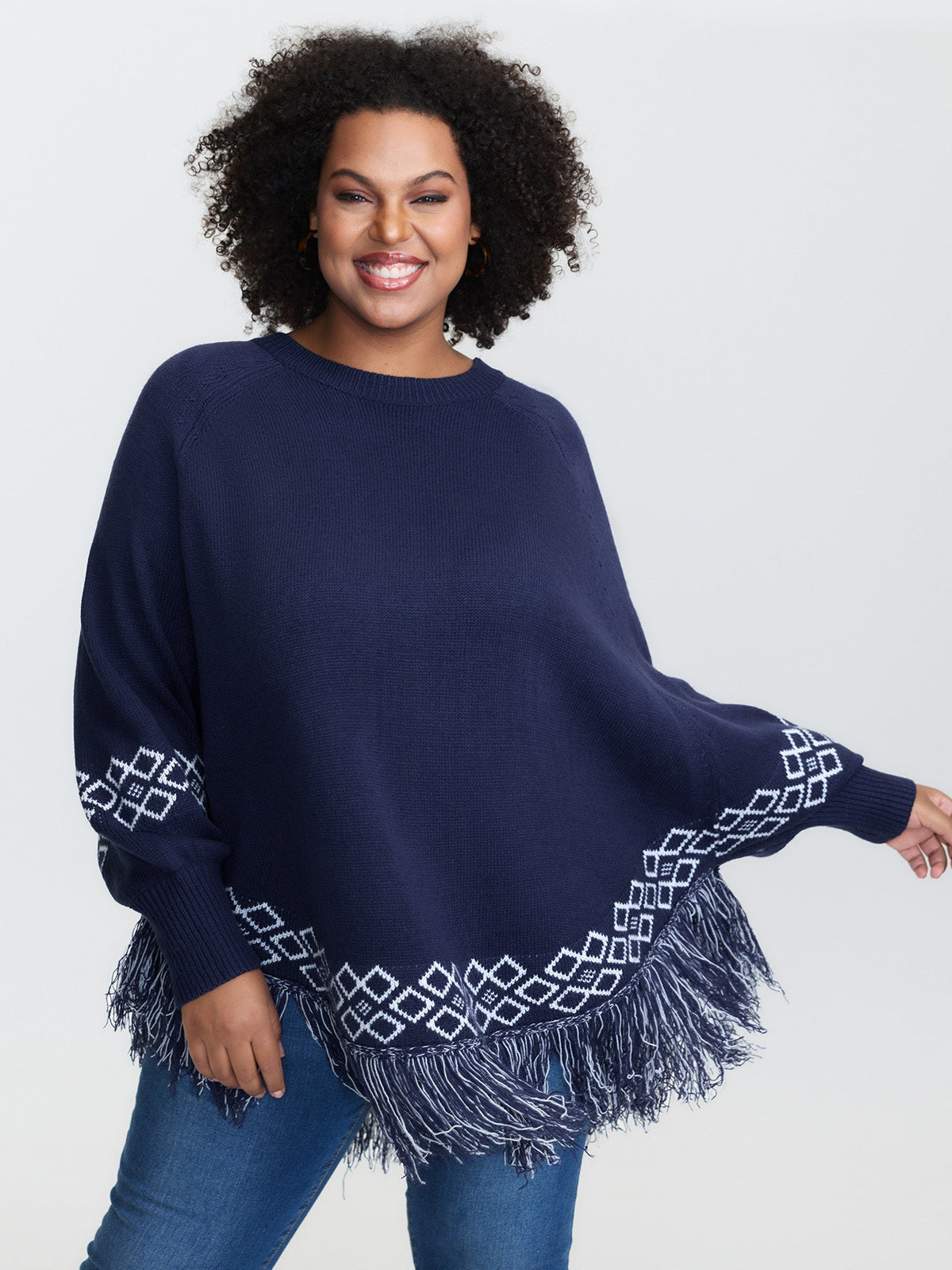 Jacquard Geometric Pattern Fringe Pullover
