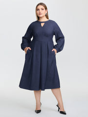 Denim-Like Pleated Cut-Out Neck Maxi Dress