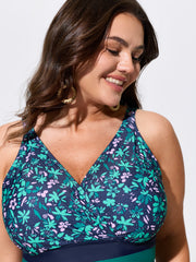 Colorful Floral Print Surplice Neckline Swim Top