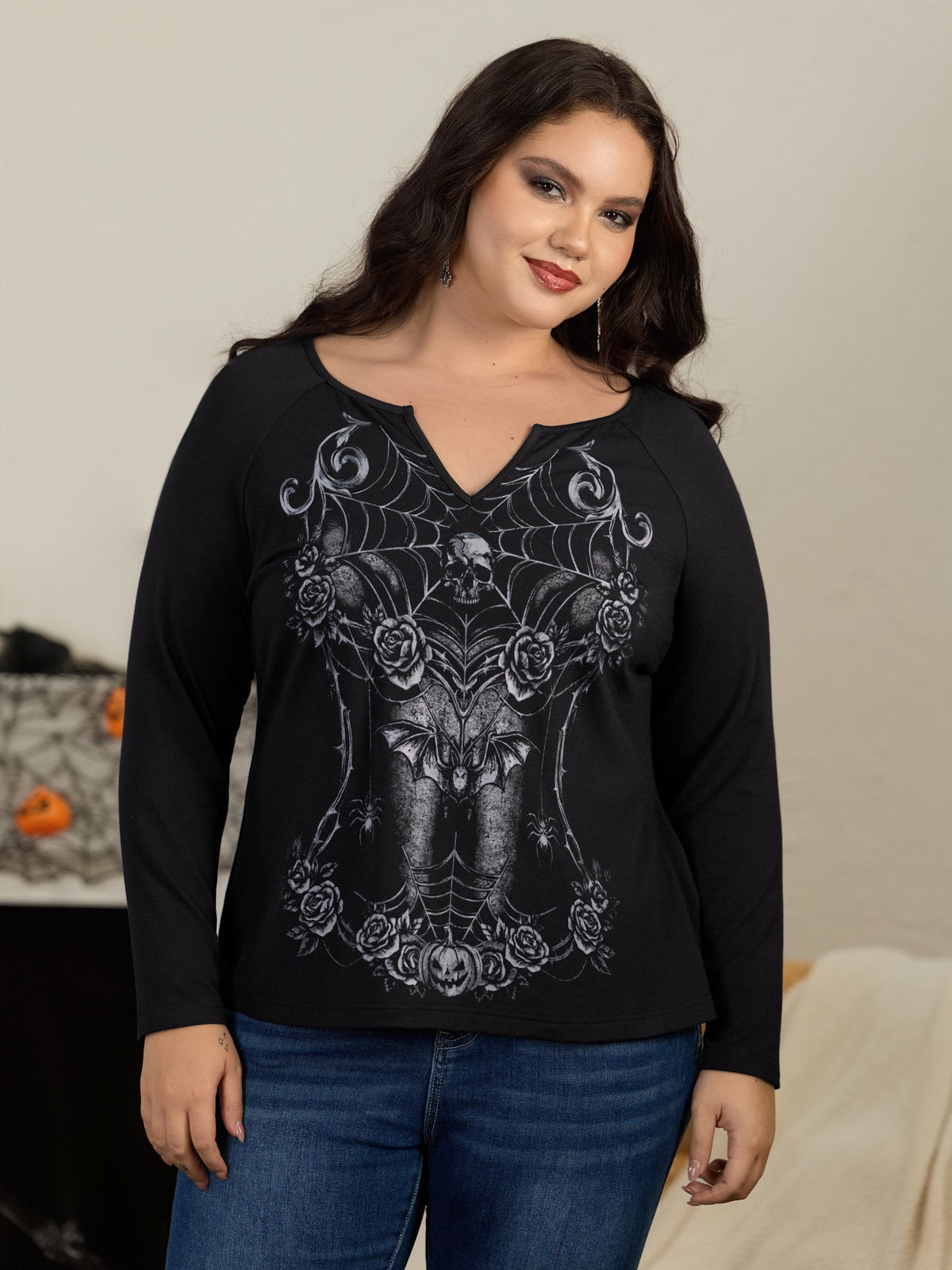 Stretchy Skull Rose Spider Web Print Raglan Sleeve Top