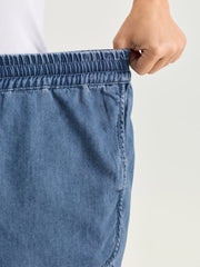 Elastic Waist Drawstring Straight-Fit Denim Shorts