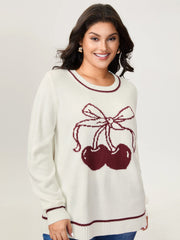 Cherry Pattern Jacquard Color Contrast Pullover