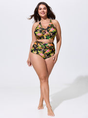 Vibrant Tropical Print V-Neck Swim Top