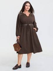 Plain Cinched-Waist Pockets Midi Dress