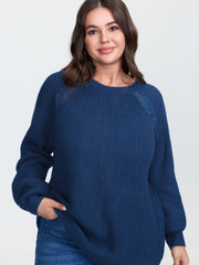Textured Lace Cut-Out Shoulder Pullover