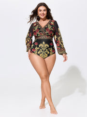 Sheer Floral Print Full-Coverage One-Piece Swim