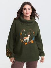 Turtleneck Deer Embroidery Knit Pullover