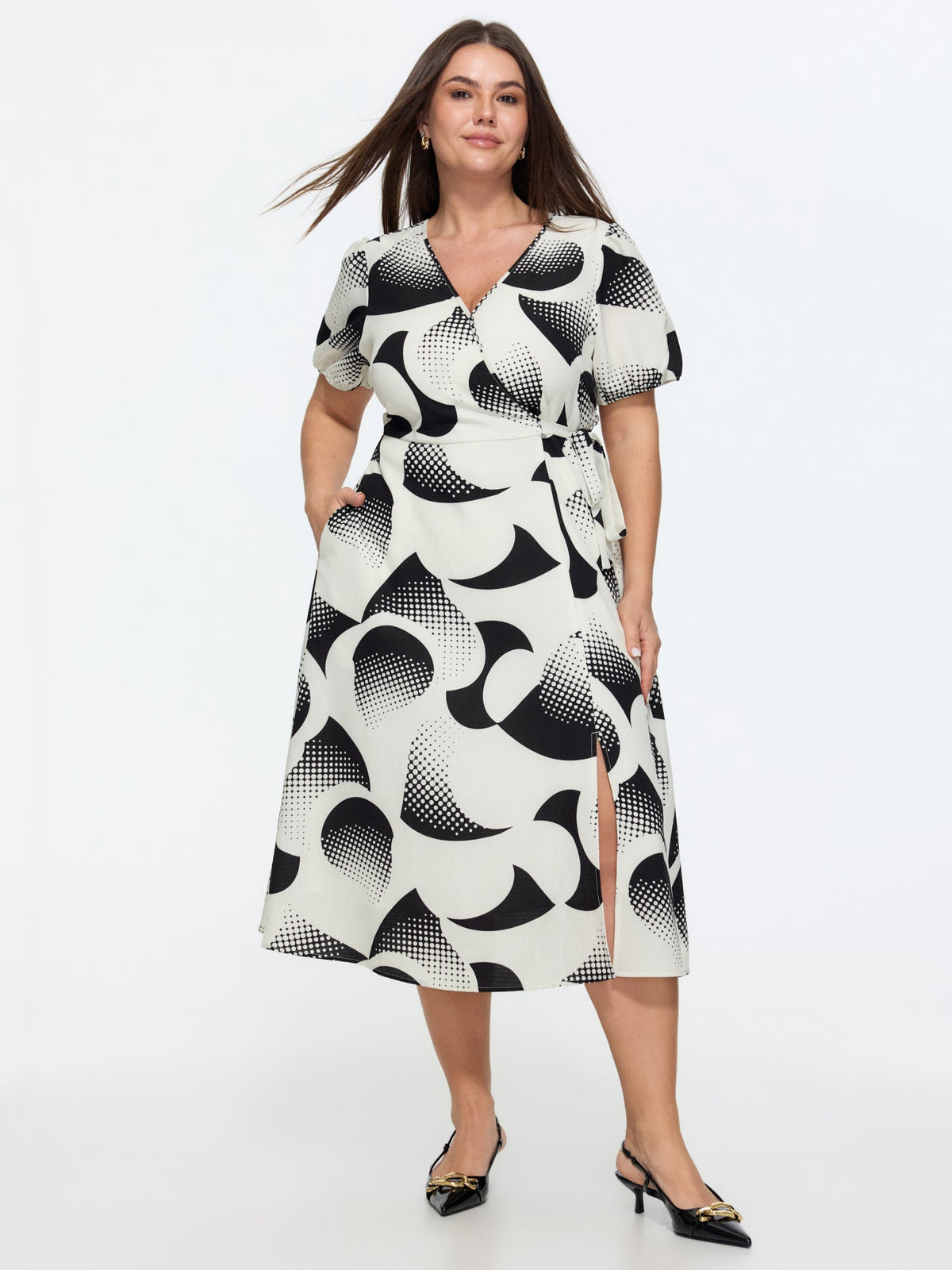 Geometric Print Side-Tie Pockets Midi Dress