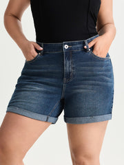 Wash High Waist Cuffed Hem Denim Shorts