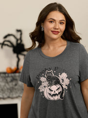 Stretch Heather Retro Cat On Pumpkin Print T-Shirt