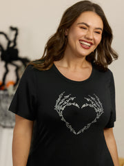 Rhinestone Skeleton Hand Heart Graphic T-Shirt
