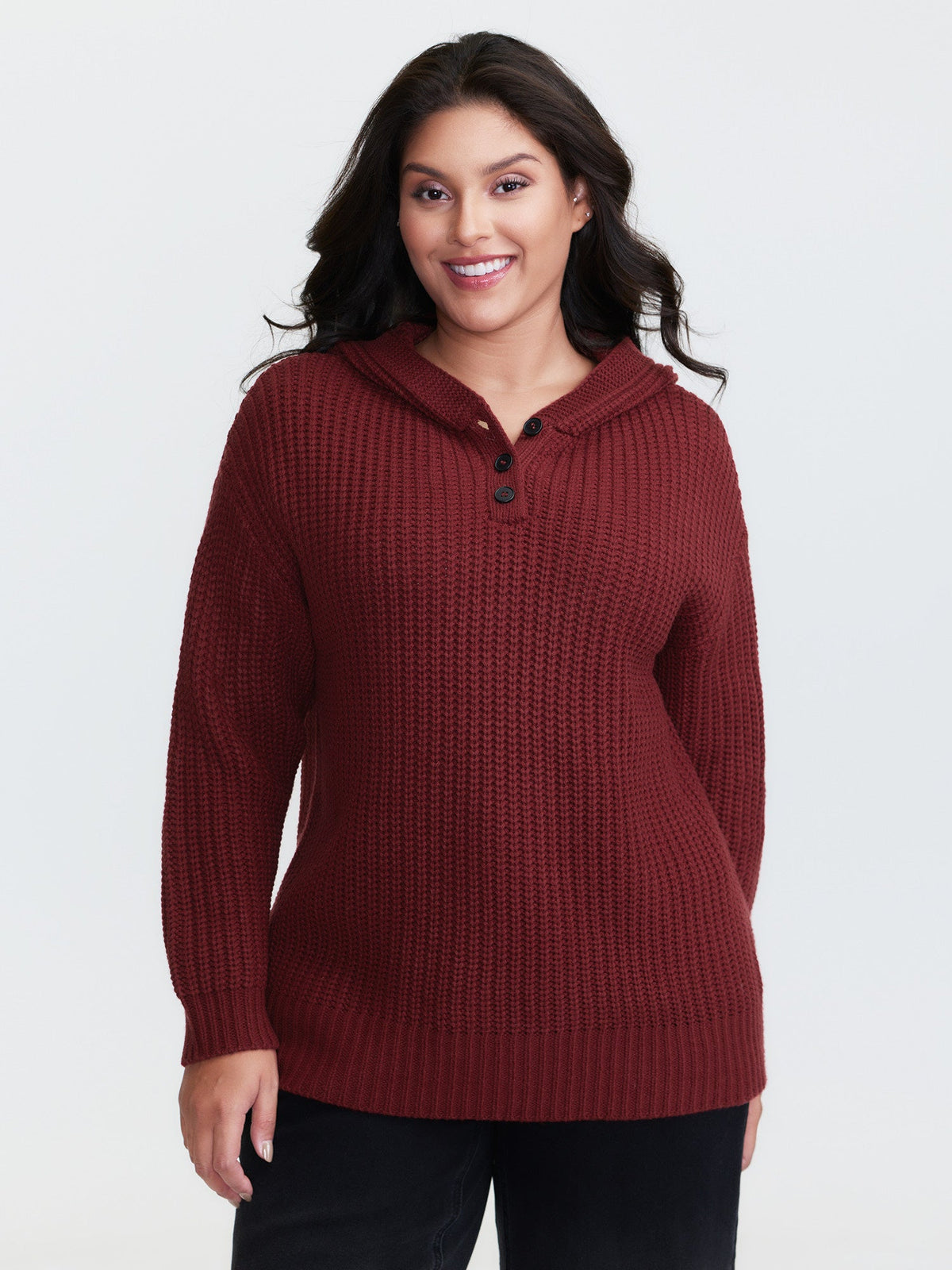 Hooded Textured Half Placket Button Pullover