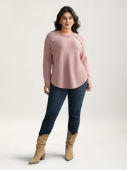 Plain Textured Button Detail Curved Hem Pullover