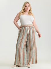 Cotton Striped Drawstring Wide Leg Pants
