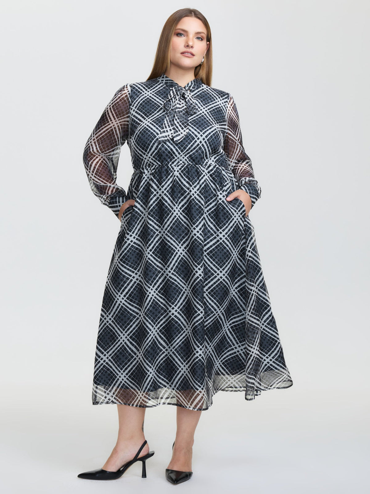 Plaid Print Sheer Mesh Neck Tie Midi Dress