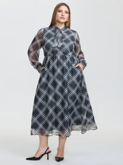 Plaid Print Sheer Mesh Neck Tie Midi Dress