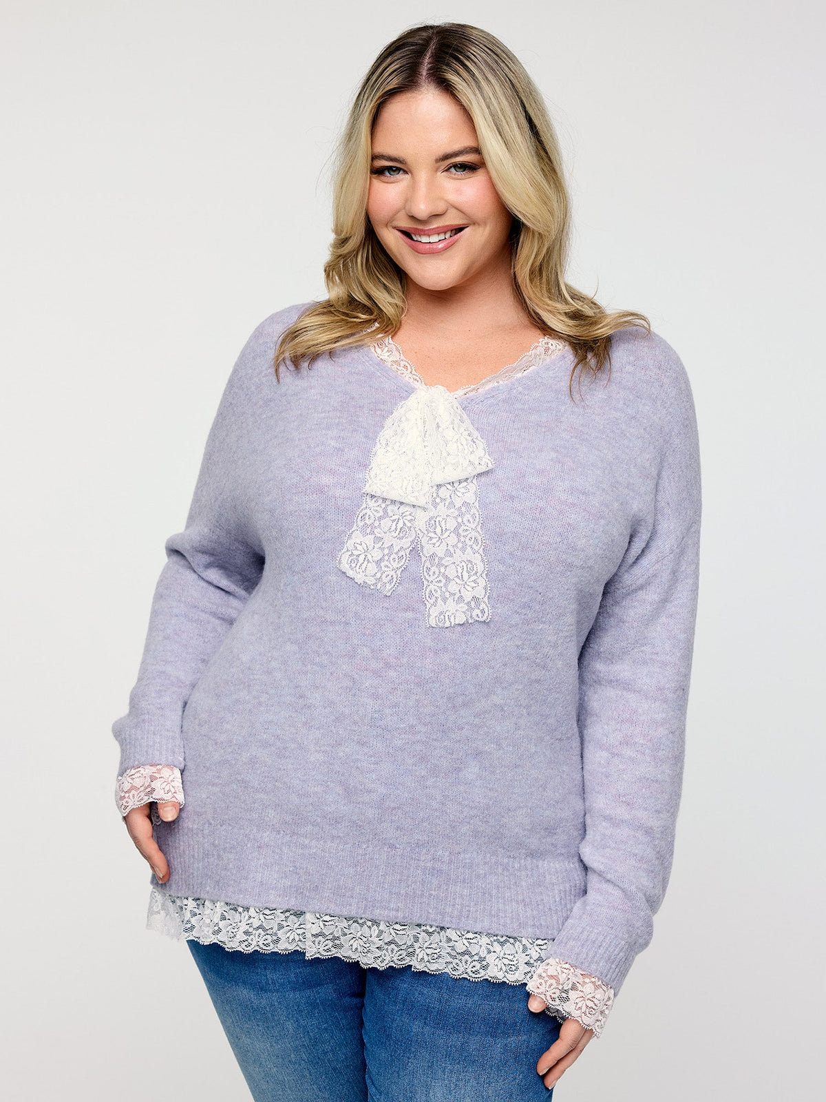 Lace Bowtie V-Neck Pullover