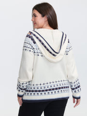 Hooded Jacquard Pattern Button Knit Cardigan