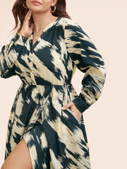 Brush Print Notched Collar Midi Dress