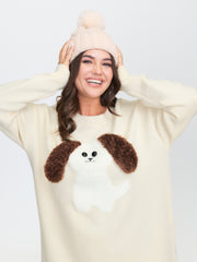 3D Puppy Embroidered Stretchy Drop Shoulder Pullover