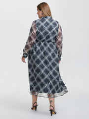 Plaid Print Sheer Mesh Neck Tie Midi Dress