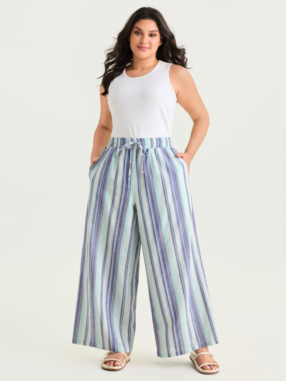 Striped Elastic Waist Wide Leg Pants