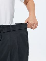 Plain Folded Waist Tie Pleated Pants