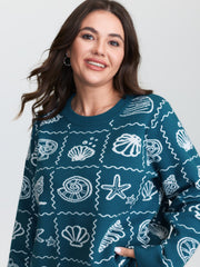 Ocean Pattern Jacquard Ribbed Hem Pullover