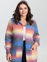 Textured Color Contrast Pocket Hooded Knit Cardigan