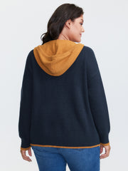 Contrast Hooded Zipper Front Pocketed Cardigan