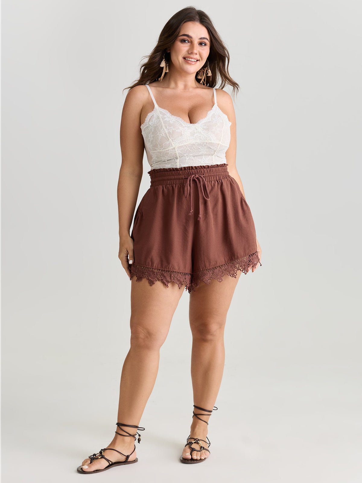 Cotton Lace Hem Drawstring Shorts