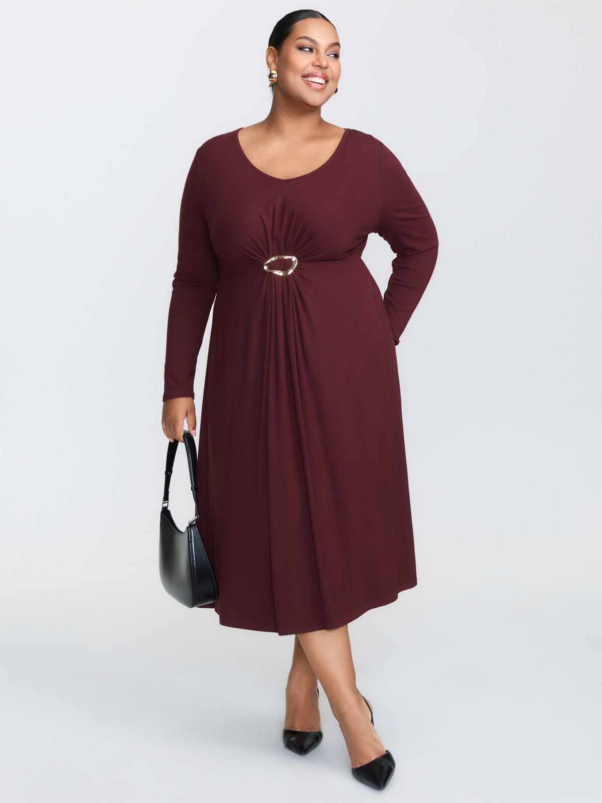 Supersoft Metal Buckle Gathered Waist Midi Dress