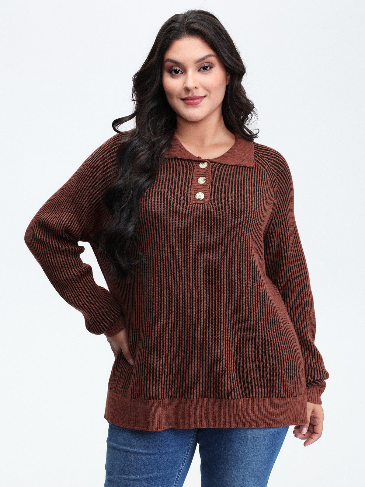 Polo Collar Color Contrast Textured Pullover