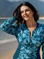 Floral Print Zipper Front One-Piece Swimsuit