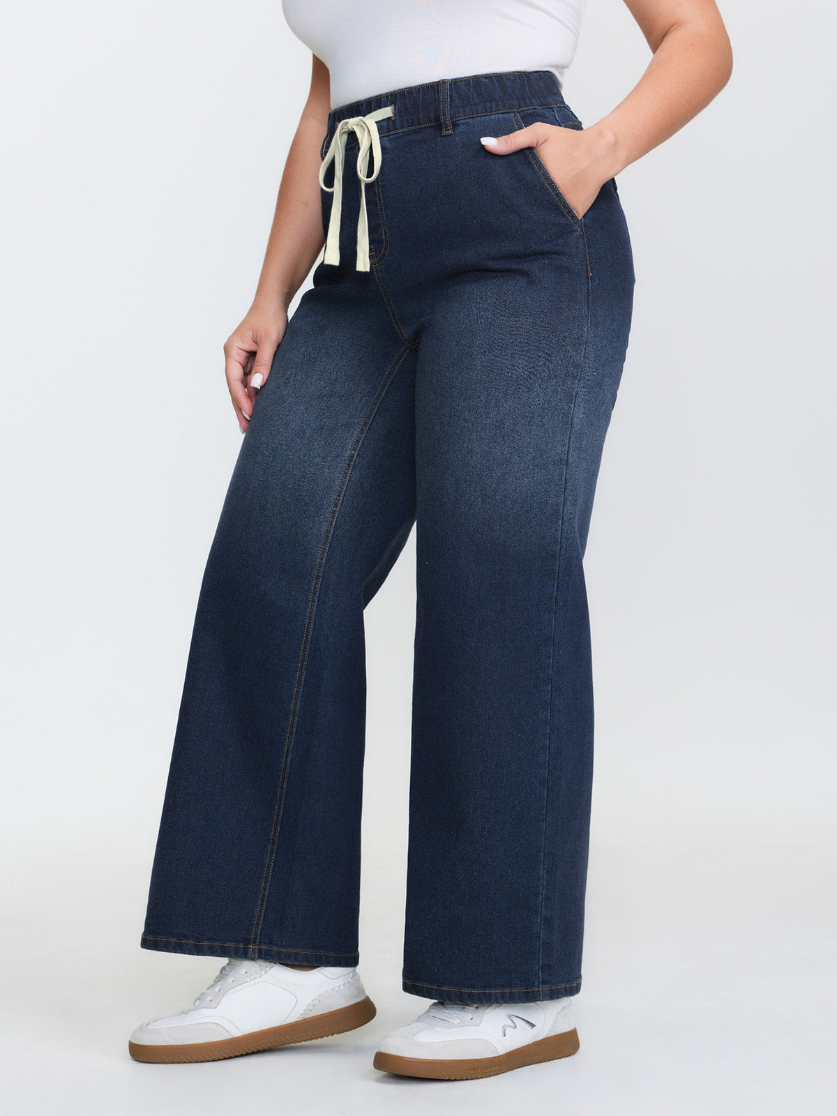 Drawstring Waist Stretchy Wide-Leg Jeans