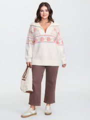 Rose Fair-Isle Pattern Jacquard Zipper Pullover