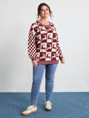 Checkered Colorblock Jacquard Reindeer Pullover