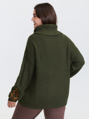 Turtleneck Deer Embroidery Knit Pullover