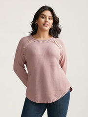 Plain Textured Button Detail Curved Hem Pullover