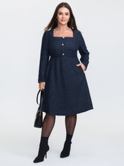 Textured Square Neckline Button Midi Dress