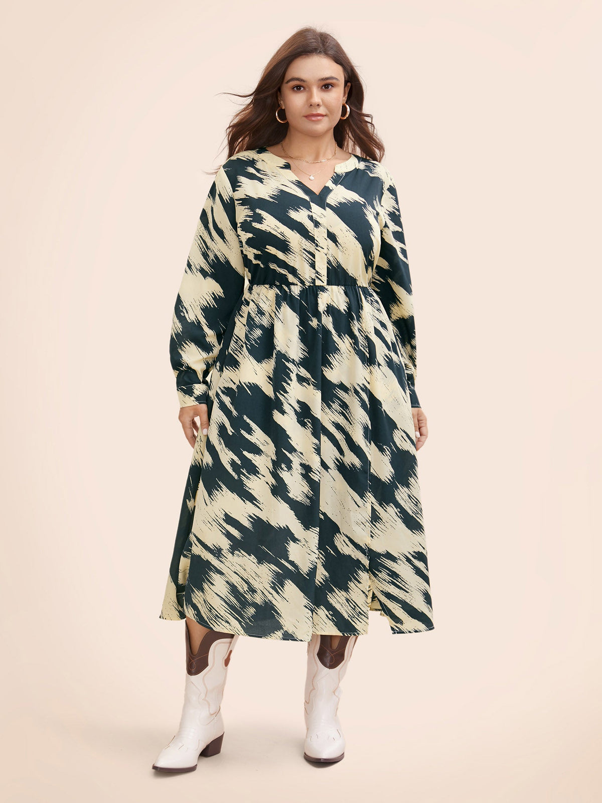 Brush Print Notched Collar Midi Dress